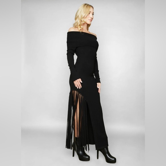 NWT Solgo Atelier Peris Cashmere Dress | Black Cashmere Long Sleeve Maxi Fringe - Picture 3 of 11